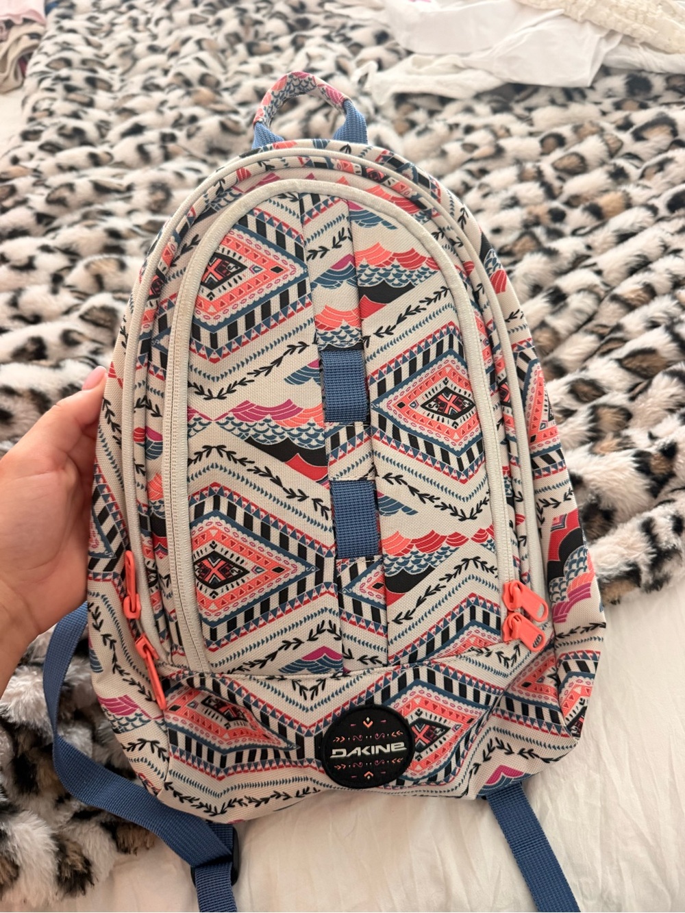 Dakine Cream Backpack with Pink and Blue Geometric Pattern